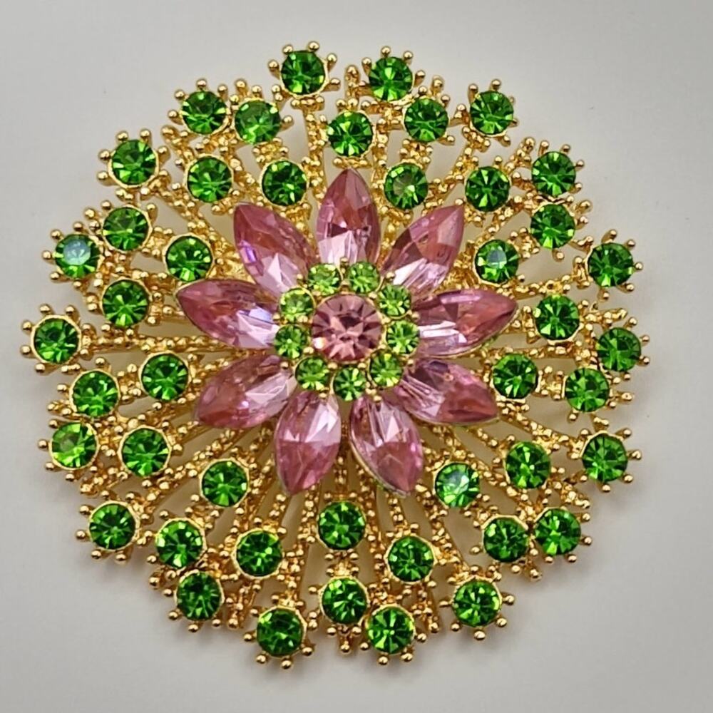 Floral Brooch Green Rhinestones W / Pink Faux Jewels On Gold Tone Metal Back